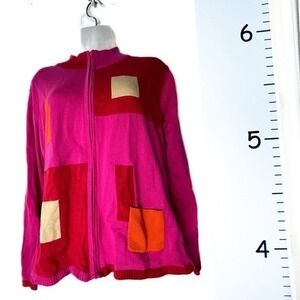 Susan Bristol Petite Barbiecore Pink‎ Patchwork Cardigan Full Zip Sweater PL